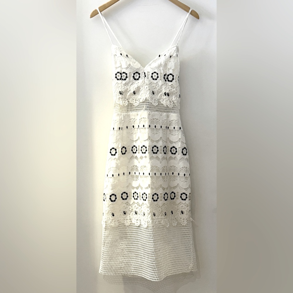 Lovers + Friends - White and Navy accent Lace Dress with mesh detail - SIZE M